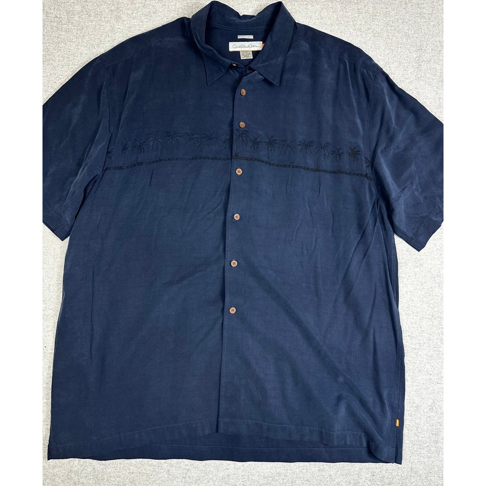 Quiksilver Edition‎ Shirt Mens XXL Navy Blue Embroidered Palm Tree Hawaiian